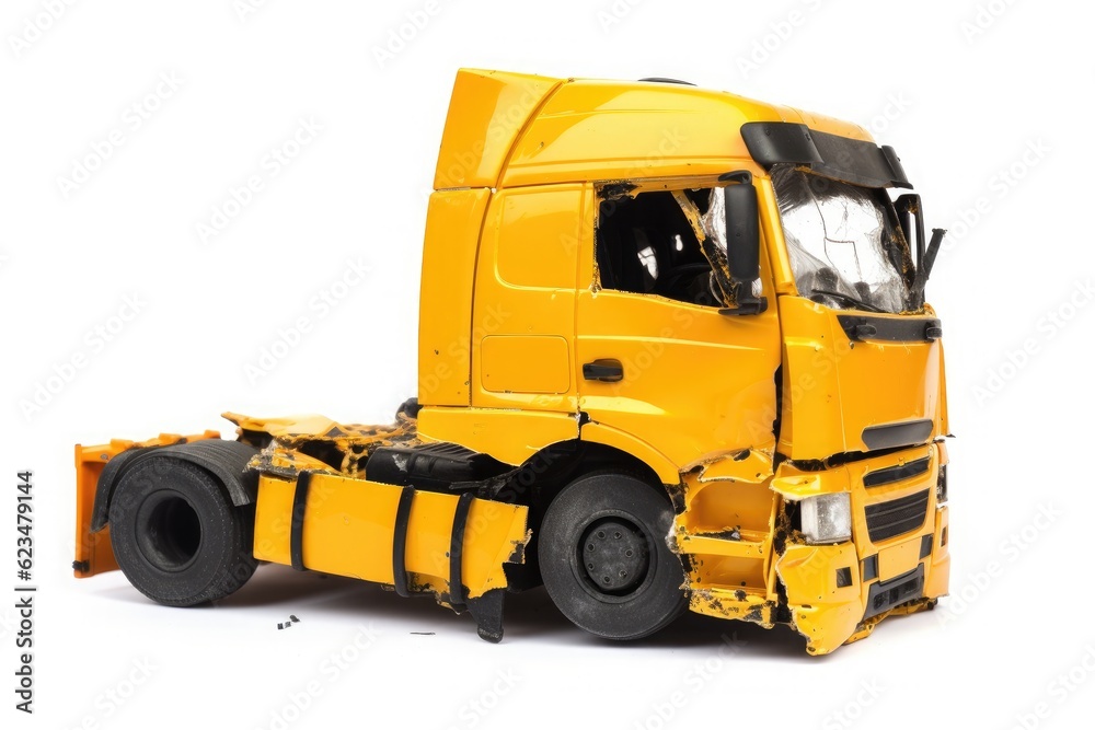 Yellow truck accident on a white background. Generative ai.