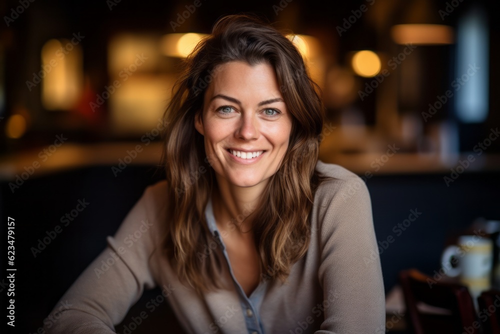 Three-quarter studio portrait photography of a satisfied girl in her 30s wearing a sophisticated blouse against a cozy coffee shop background. With generative AI technology Three-quarter studio portrait photography of a satisfied girl in her 30s wearing a sophisticated blouse against a cozy coffee shop background. With generative AI technology