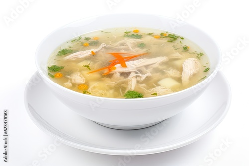 Delicious chicken soup with vegetables in a white plate. Generative ai.