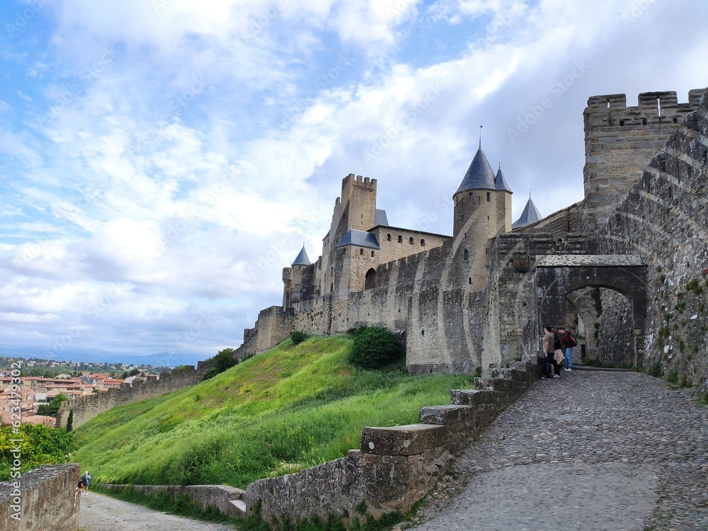 Obraz premium Beautiful view of the famous walls of the Citadel of Carcassonne, Occitanie, France.