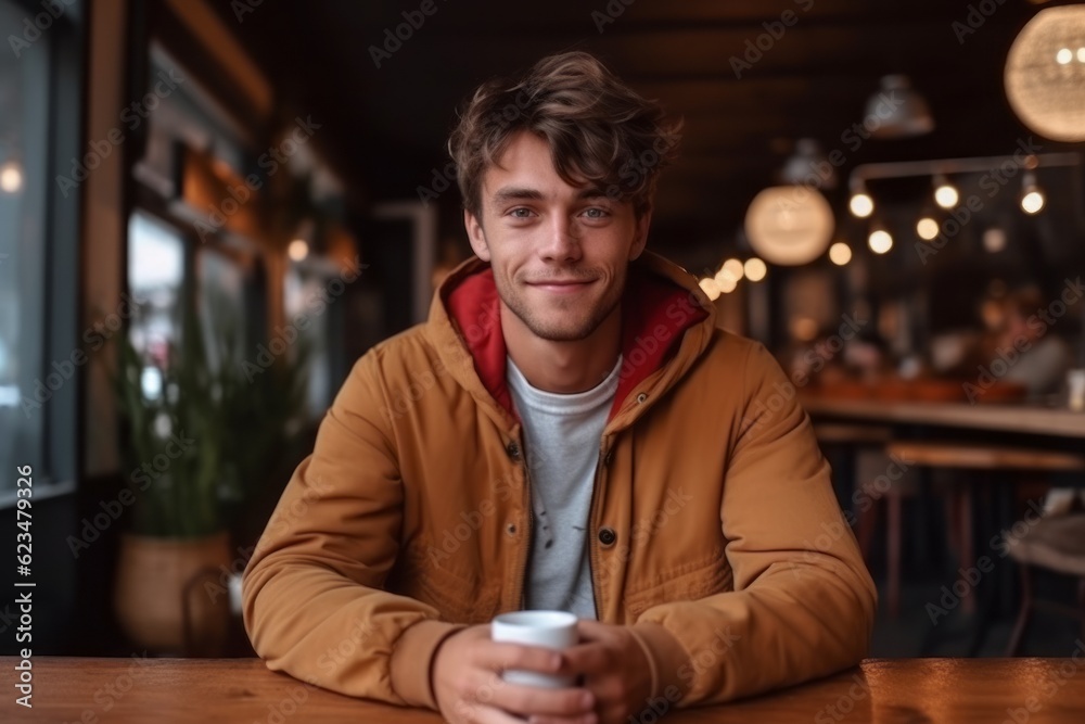 Medium shot portrait photography of a tender mature boy wearing comfortable jeans against a cozy coffee shop background. With generative AI technology