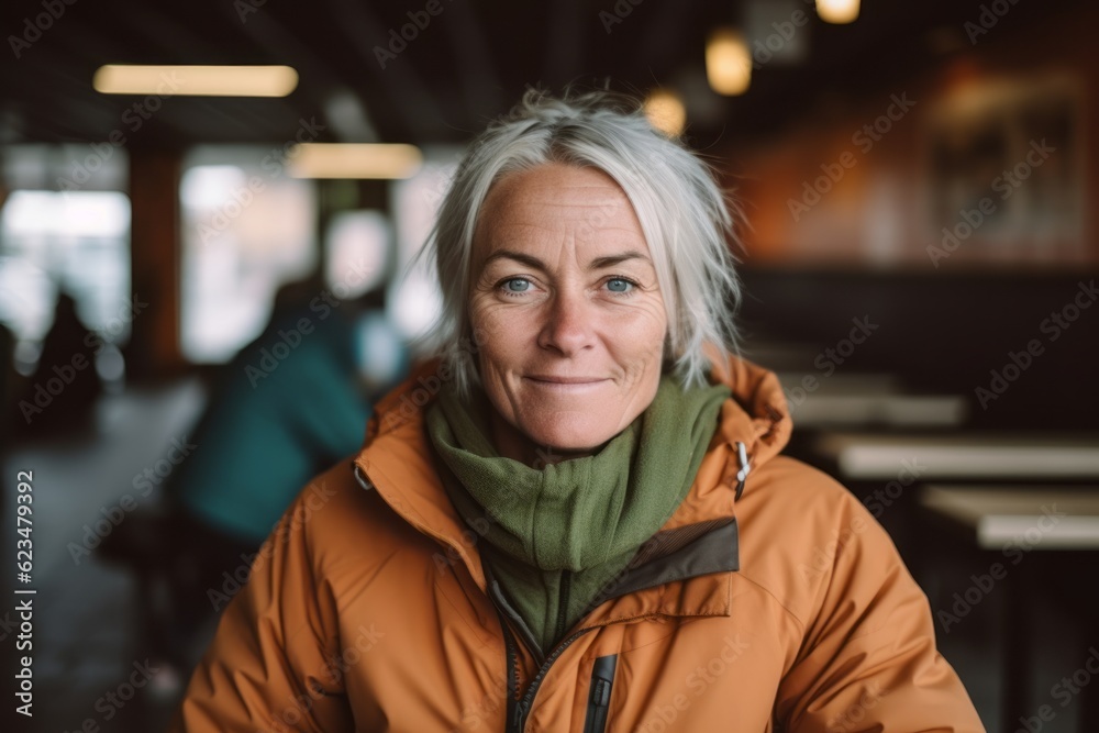 Close-up portrait photography of a satisfied mature girl wearing a lightweight windbreaker against a cozy coffee shop background. With generative AI technology Close-up portrait photography of a satisfied mature girl wearing a lightweight windbreaker against a cozy coffee shop background. With generative AI technology