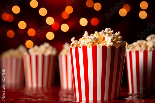 Delicious popcorn in cinema theatre bokeh background. Generative AI.