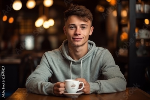 Medium shot portrait photography of a tender mature boy wearing comfortable jeans against a cozy coffee shop background. With generative AI technology