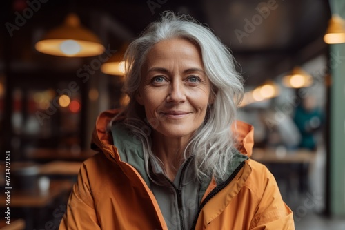 Close-up portrait photography of a satisfied mature girl wearing a lightweight windbreaker against a cozy coffee shop background. With generative AI technology