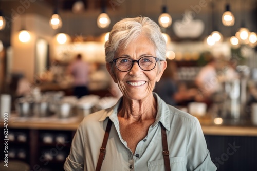 Headshot portrait photography of a happy old woman wearing a casual short-sleeve shirt against a cozy coffee shop background. With generative AI technology