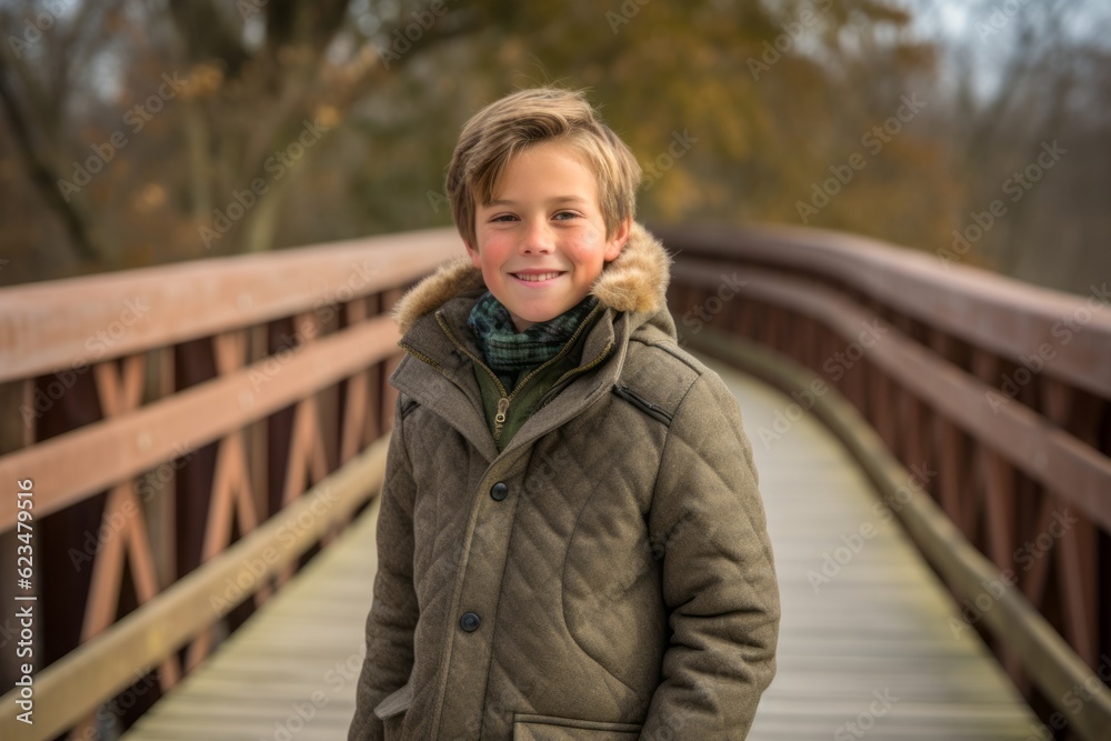 Sports portrait photography of a joyful boy in his 30s wearing a cozy winter coat against a rustic bridge background. With generative AI technology Sports portrait photography of a joyful boy in his 30s wearing a cozy winter coat against a rustic bridge background. With generative AI technology