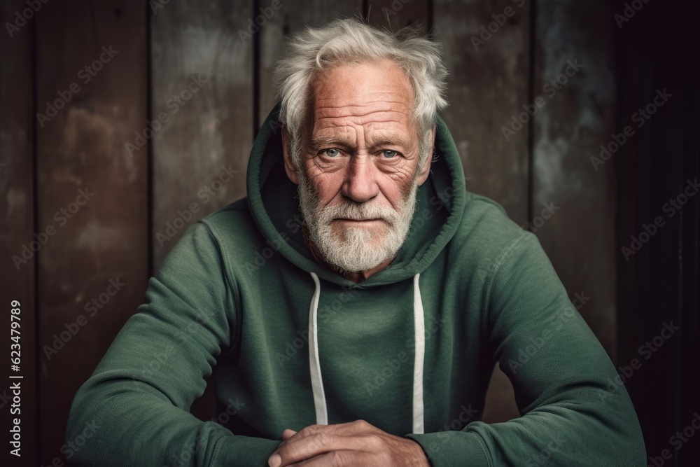 Three-quarter studio portrait photography of a tender old man wearing a stylish hoodie against a rustic bridge background. With generative AI technology Three-quarter studio portrait photography of a tender old man wearing a stylish hoodie against a rustic bridge background. With generative AI technology