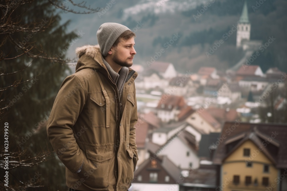 Photography in the style of pensive portraiture of a glad boy in his 30s wearing a warm parka against a quaint european village background. With generative AI technology
