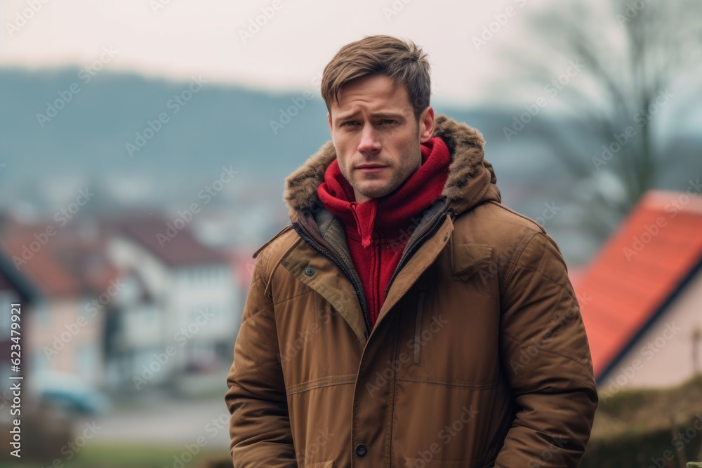 Photography in the style of pensive portraiture of a glad boy in his 30s wearing a warm parka against a quaint european village background. With generative AI technology Photography in the style of pensive portraiture of a glad boy in his 30s wearing a warm parka against a quaint european village background. With generative AI technology