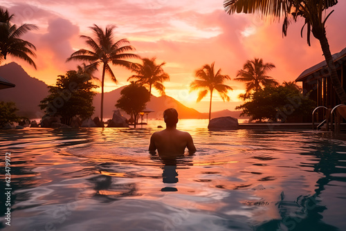 Young man during sunset in the pool. Luxury swimming pool in tropical resort, relaxing holiday © Александр Марченко