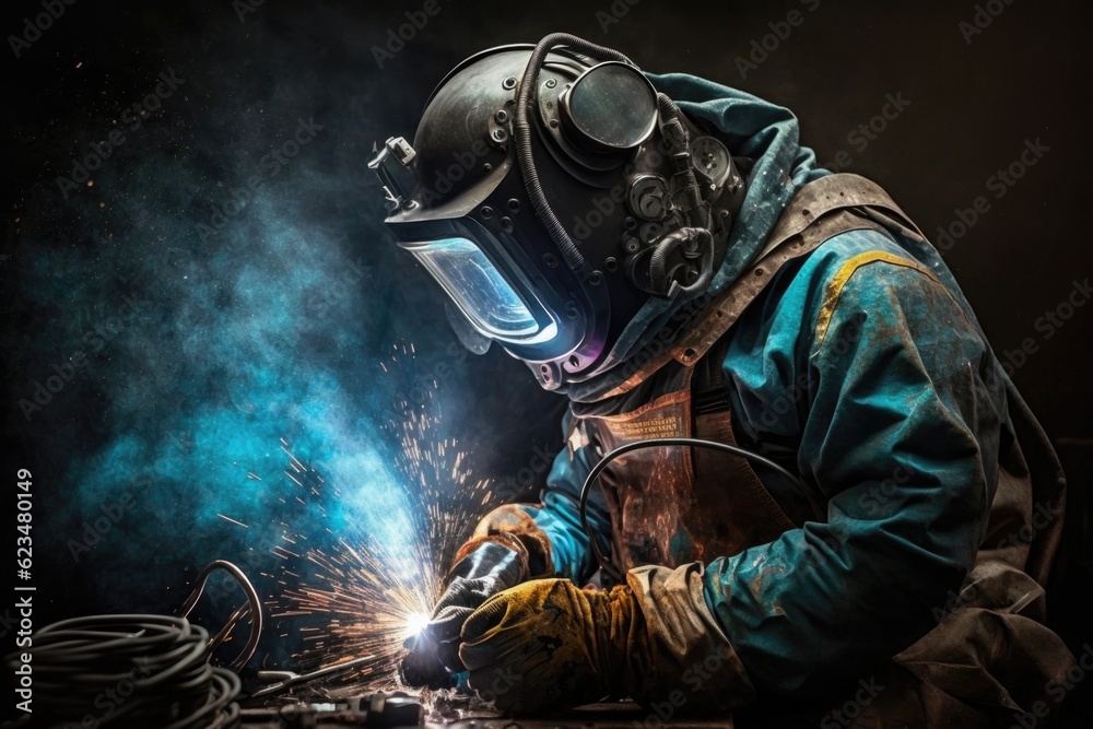 Male welder in protective clothing and mask welding metal on dark background