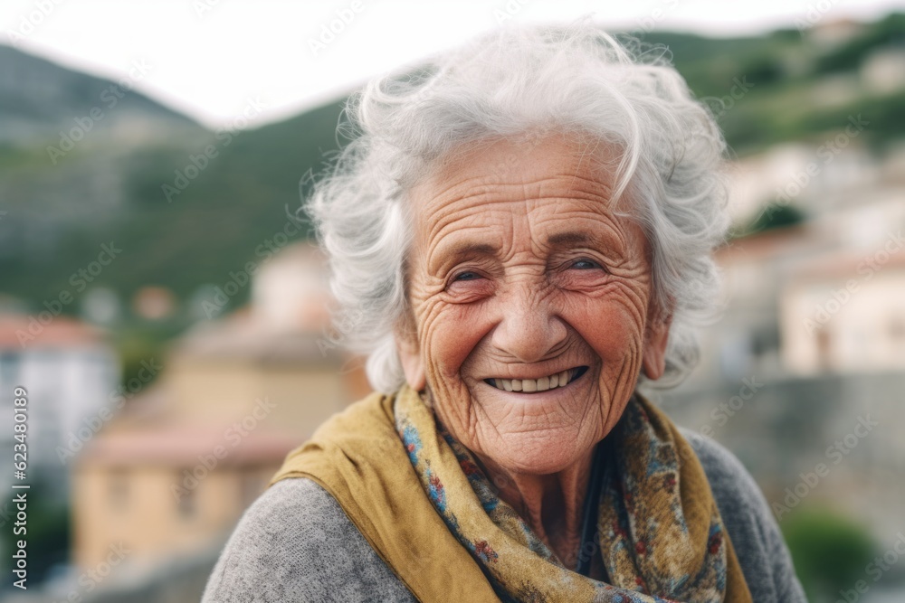 Close-up portrait photography of a happy old woman wearing underclothing against a quaint european village background. With generative AI technology Close-up portrait photography of a happy old woman wearing underclothing against a quaint european village background. With generative AI technology