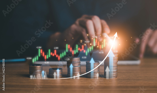 Interest rate and dividend concept, businessman calculating income and return on investment, save, income, return, retirement, compensation fund, investment, dividend tax, stock market, saving, trade.