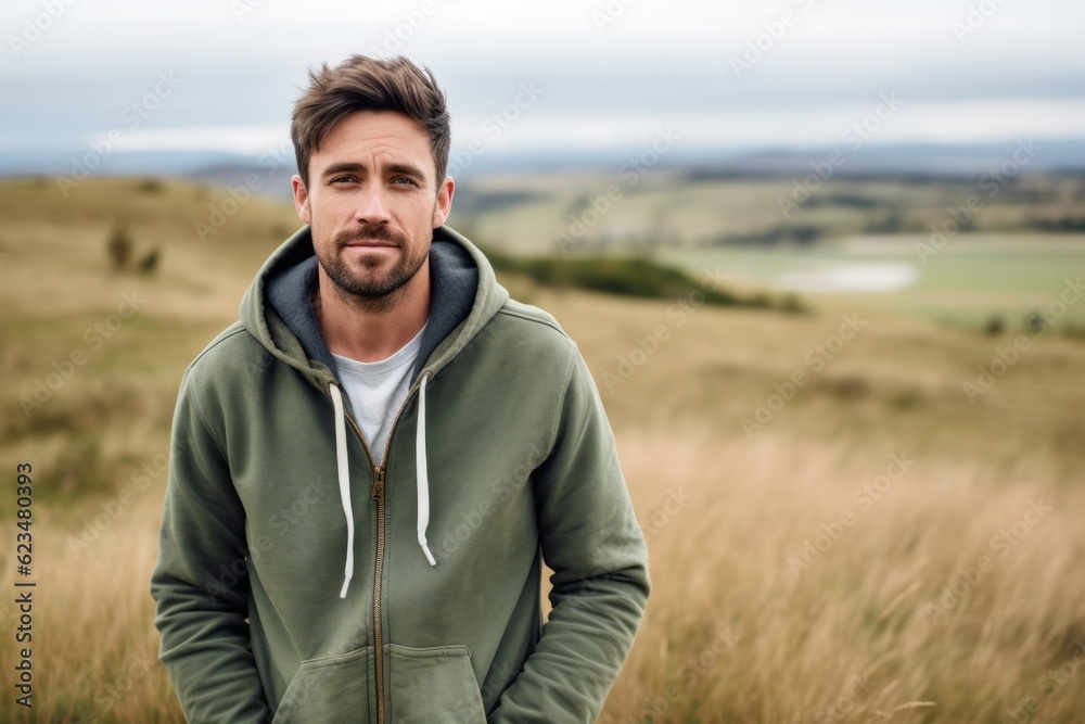 Environmental portrait photography of a glad boy in his 30s wearing a stylish hoodie against a rolling hills background. With generative AI technology