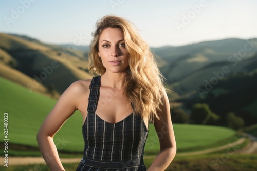 Editorial portrait photography of a glad girl in her 30s wearing underclothing against a rolling hills background. With generative AI technology
