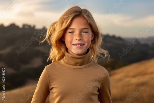 Sports portrait photography of a happy kid female wearing a classic turtleneck sweater against a rolling hills background. With generative AI technology