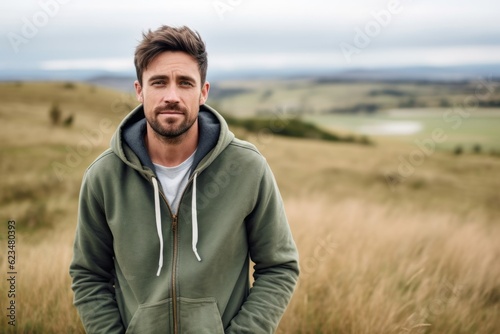Environmental portrait photography of a glad boy in his 30s wearing a stylish hoodie against a rolling hills background. With generative AI technology © Markus Schröder