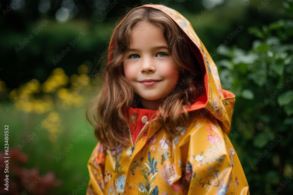Studio portrait photography of a glad kid female wearing a vibrant raincoat against a botanical garden background. With generative AI technology Studio portrait photography of a glad kid female wearing a vibrant raincoat against a botanical garden background. With generative AI technology