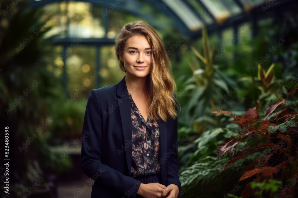 Studio portrait photography of a glad girl in her 30s wearing a classic blazer against a botanical garden background. With generative AI technology Studio portrait photography of a glad girl in her 30s wearing a classic blazer against a botanical garden background. With generative AI technology