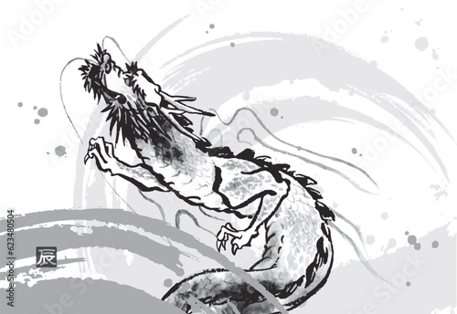 辰年のモノクロ年賀状テンプレート（文字なし）