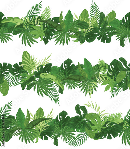 Set tropical seamless border pattern with palm leaves. Vector