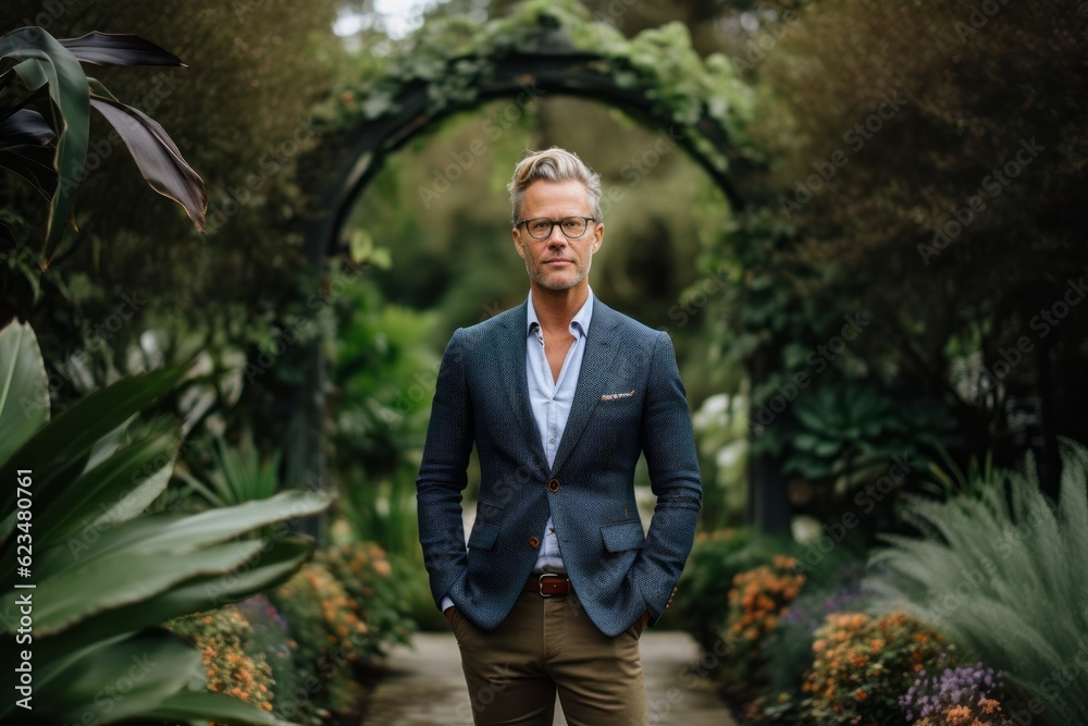 Editorial portrait photography of a glad mature boy wearing a classic blazer against a botanical garden background. With generative AI technology Editorial portrait photography of a glad mature boy wearing a classic blazer against a botanical garden background. With generative AI technology