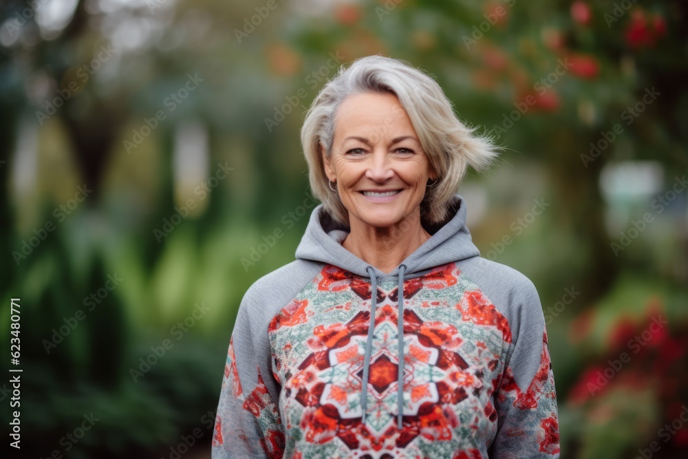 Lifestyle portrait photography of a tender mature woman wearing a comfortable hoodie against a botanical garden background. With generative AI technology Lifestyle portrait photography of a tender mature woman wearing a comfortable hoodie against a botanical garden background. With generative AI technology