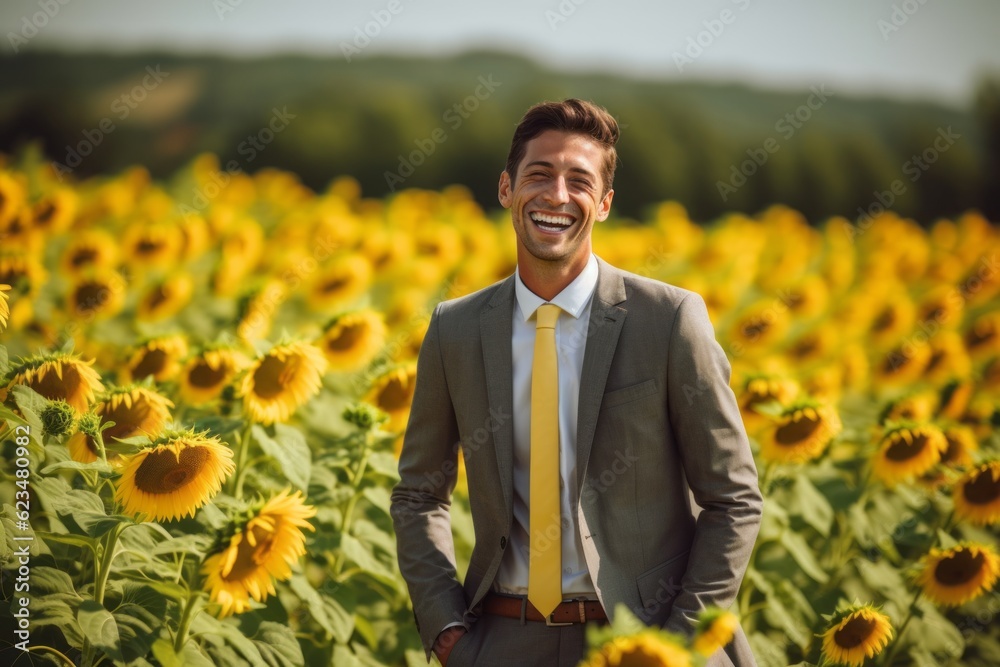 Lifestyle portrait photography of a grinning boy in his 30s wearing a sleek suit against a sunflower field background. With generative AI technology Lifestyle portrait photography of a grinning boy in his 30s wearing a sleek suit against a sunflower field background. With generative AI technology