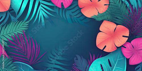 Summer sale banner template. Summer abstract background with palm leaves. Tropical background. Promo badge for your seasonal design. Generative AI