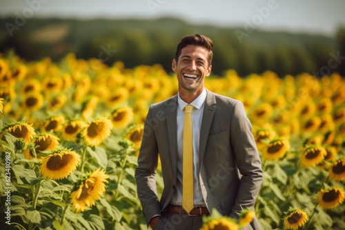 Lifestyle portrait photography of a grinning boy in his 30s wearing a sleek suit against a sunflower field background. With generative AI technology