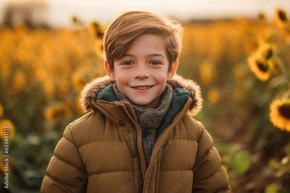 Close-up portrait photography of a grinning mature boy wearing a cozy winter coat against a sunflower field background. With generative AI technology Close-up portrait photography of a grinning mature boy wearing a cozy winter coat against a sunflower field background. With generative AI technology