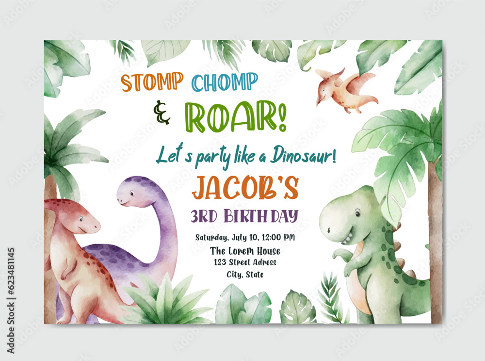 Fototapeta Birthday invitation card with dinosaur theme watercolor background template