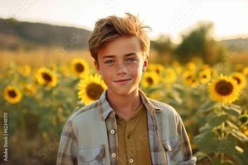 Medium shot portrait photography of a glad mature boy wearing a casual short-sleeve shirt against a sunflower field background. With generative AI technology