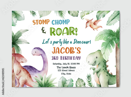 Birthday invitation card with dinosaur theme watercolor background template