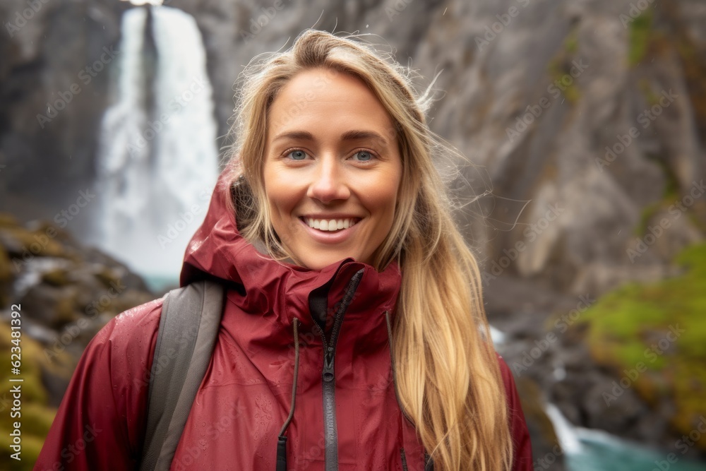 Sports portrait photography of a happy girl in her 30s wearing a durable parka against a majestic waterfall background. With generative AI technology Sports portrait photography of a happy girl in her 30s wearing a durable parka against a majestic waterfall background. With generative AI technology