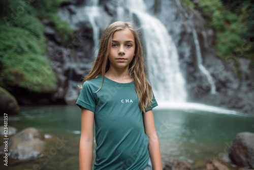 Editorial portrait photography of a glad kid female wearing a casual t-shirt against a majestic waterfall background. With generative AI technology