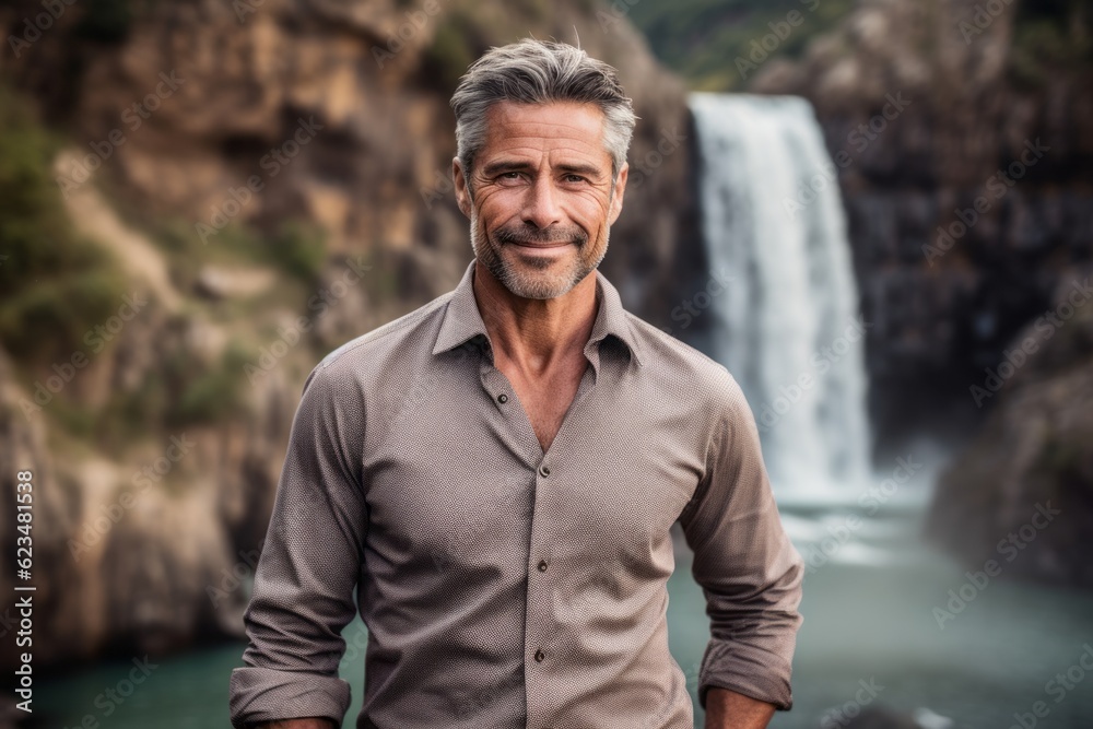 Three-quarter studio portrait photography of a satisfied mature man wearing an elegant long-sleeve shirt against a majestic waterfall background. With generative AI technology Three-quarter studio portrait photography of a satisfied mature man wearing an elegant long-sleeve shirt against a majestic waterfall background. With generative AI technology