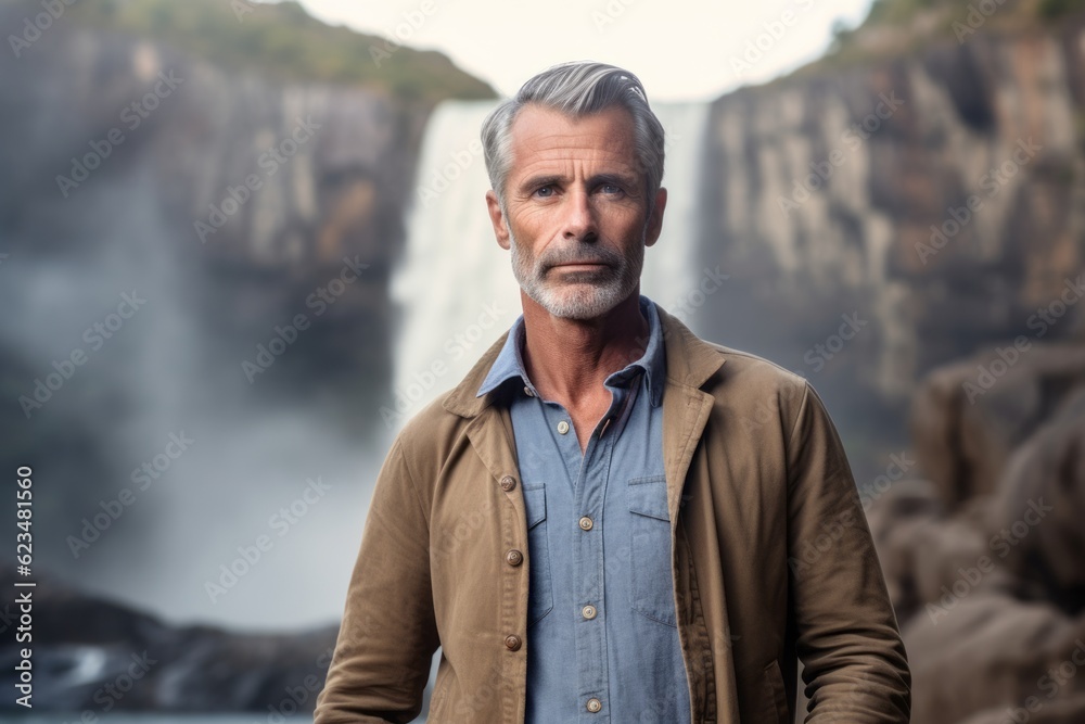Three-quarter studio portrait photography of a satisfied mature man wearing an elegant long-sleeve shirt against a majestic waterfall background. With generative AI technology Three-quarter studio portrait photography of a satisfied mature man wearing an elegant long-sleeve shirt against a majestic waterfall background. With generative AI technology