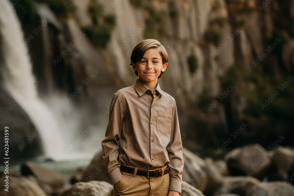 Casual fashion portrait photography of a joyful mature boy wearing an elegant long-sleeve shirt against a majestic waterfall background. With generative AI technology