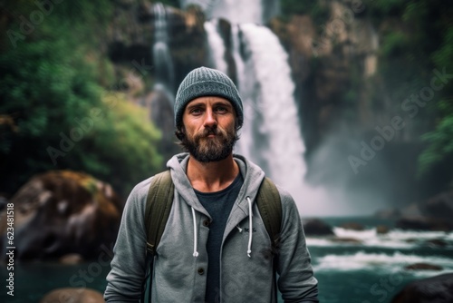 Medium shot portrait photography of a glad boy in his 30s wearing a cool cap against a majestic waterfall background. With generative AI technology