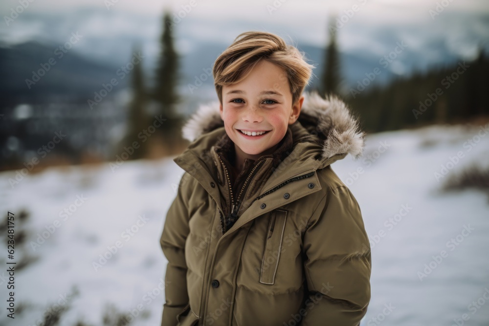 Studio portrait photography of a grinning boy in his 30s wearing a cozy winter coat against a national park background. With generative AI technology Studio portrait photography of a grinning boy in his 30s wearing a cozy winter coat against a national park background. With generative AI technology