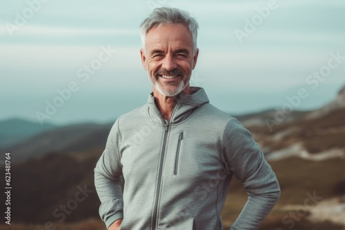 Close-up portrait photography of a satisfied mature man wearing a comfortable tracksuit against a national park background. With generative AI technology