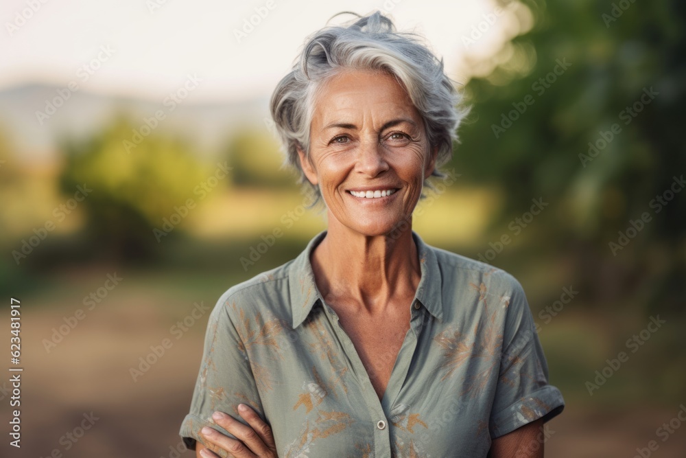 Studio portrait photography of a glad mature woman wearing a casual short-sleeve shirt against a wildlife reserve background. With generative AI technology Studio portrait photography of a glad mature woman wearing a casual short-sleeve shirt against a wildlife reserve background. With generative AI technology