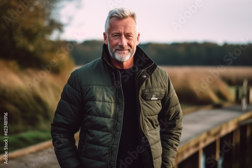 Billede på lærred Medium shot portrait photography of a glad mature man wearing a sleek bomber jacket against a wildlife reserve background