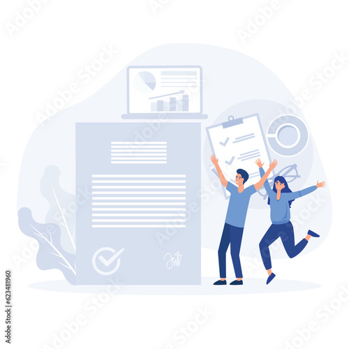 Credit agent holds loan approval application document with approved stamp in hand, flat vector modern illustration 