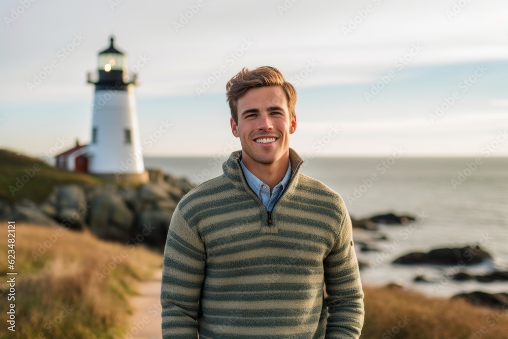 Sports portrait photography of a satisfied boy in his 30s wearing a cozy sweater against a lighthouse background. With generative AI technology