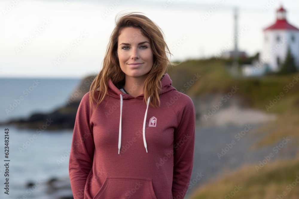Sports portrait photography of a glad girl in her 30s wearing a comfortable hoodie against a lighthouse background. With generative AI technology Sports portrait photography of a glad girl in her 30s wearing a comfortable hoodie against a lighthouse background. With generative AI technology