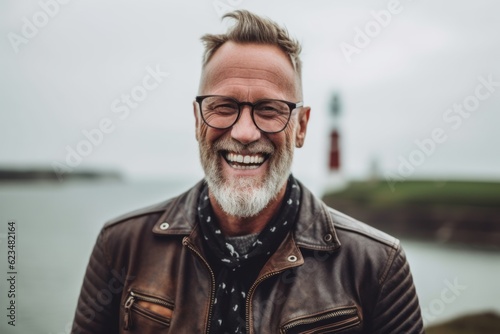 Close-up portrait photography of a grinning mature man wearing a trendy leather jacket against a lighthouse background. With generative AI technology