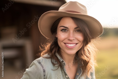 Close-up portrait photography of a grinning girl in her 30s wearing a cool cap or hat against a rustic windmill background. With generative AI technology © Markus Schröder